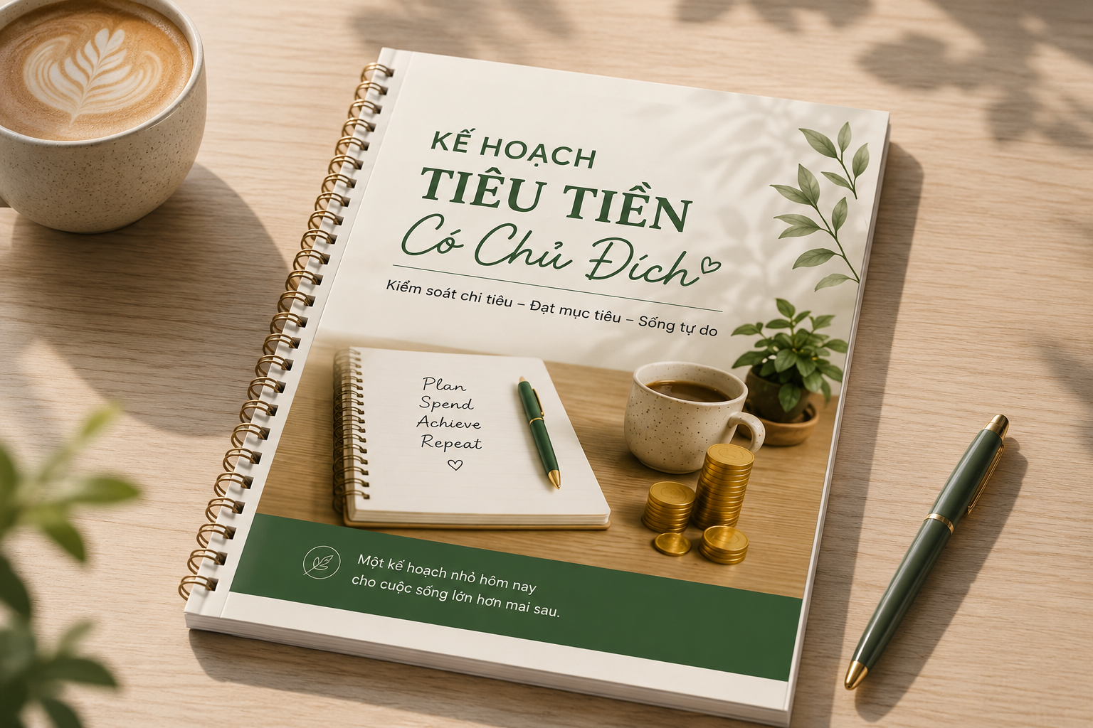 Bìa tài liệu Kế Hoạch Tiêu Tiền Có Chủ Đích — sổ kế hoạch tài chính trên bàn gỗ